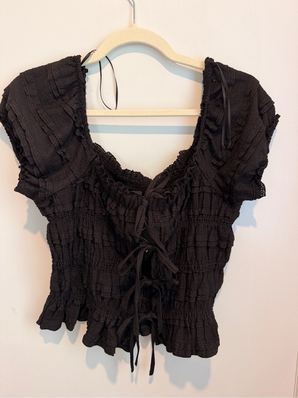 Primark Black Smocked Lace-Up Peplum Crop Top